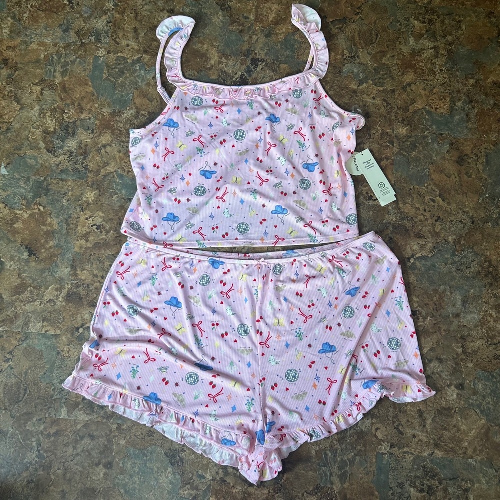 No Boundaries Ruffle Tank Short Pajama Set Women's Size XXL (20) Pink Cowgirl